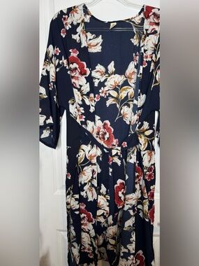 Floral Tie-Front Cardigan in Navy with Cream & Red Blooms